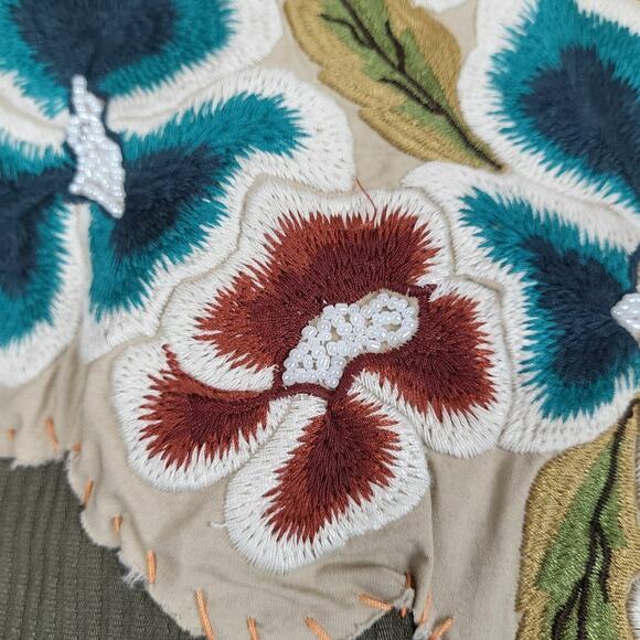 Aziz Womens Olive Cotton Embroidered‎ Flap Pockets One Button Blazer Jacket Sz L - Picture 8 of 12